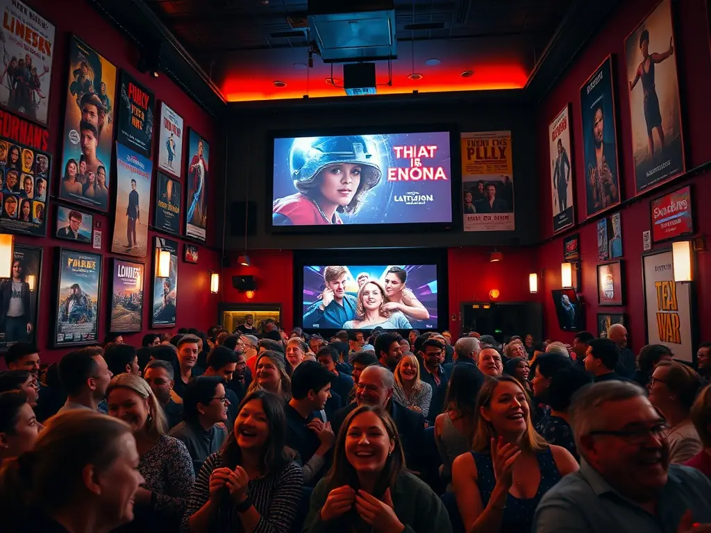 A vibrant image of a community gathered in a cozy cinema setting, watching an independent film with engaged expressions.