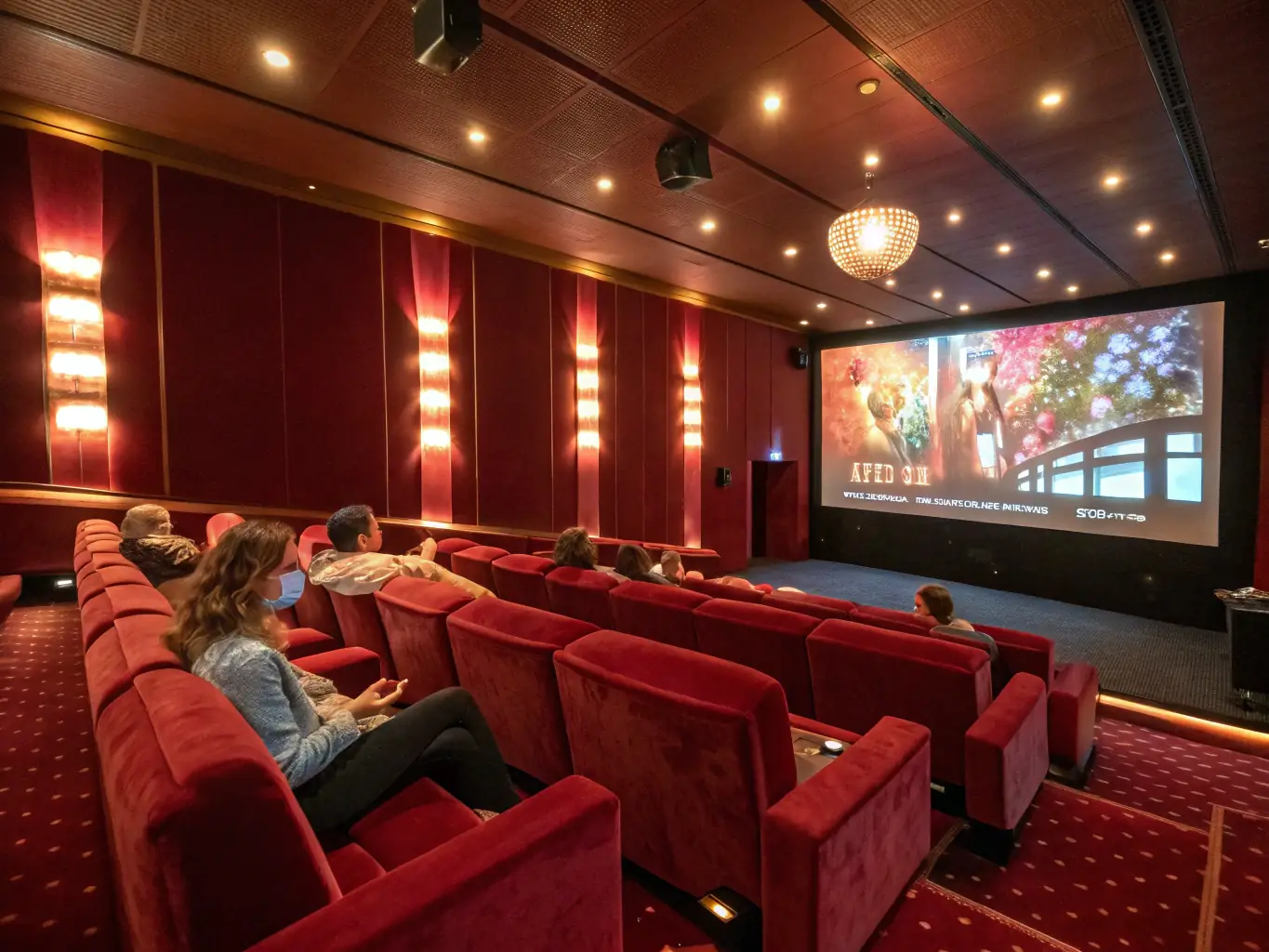 A vibrant scene from an art-house film screening, with diverse audience members engaged in watching a thought-provoking movie at CINEMA LE CLUB.
