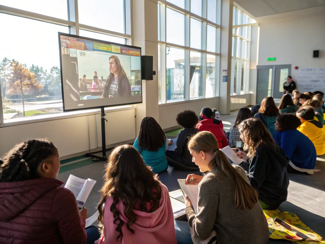 A group of students participating in a film workshop, learning about film history, analysis, and production techniques at a CINEMANIA educational program.