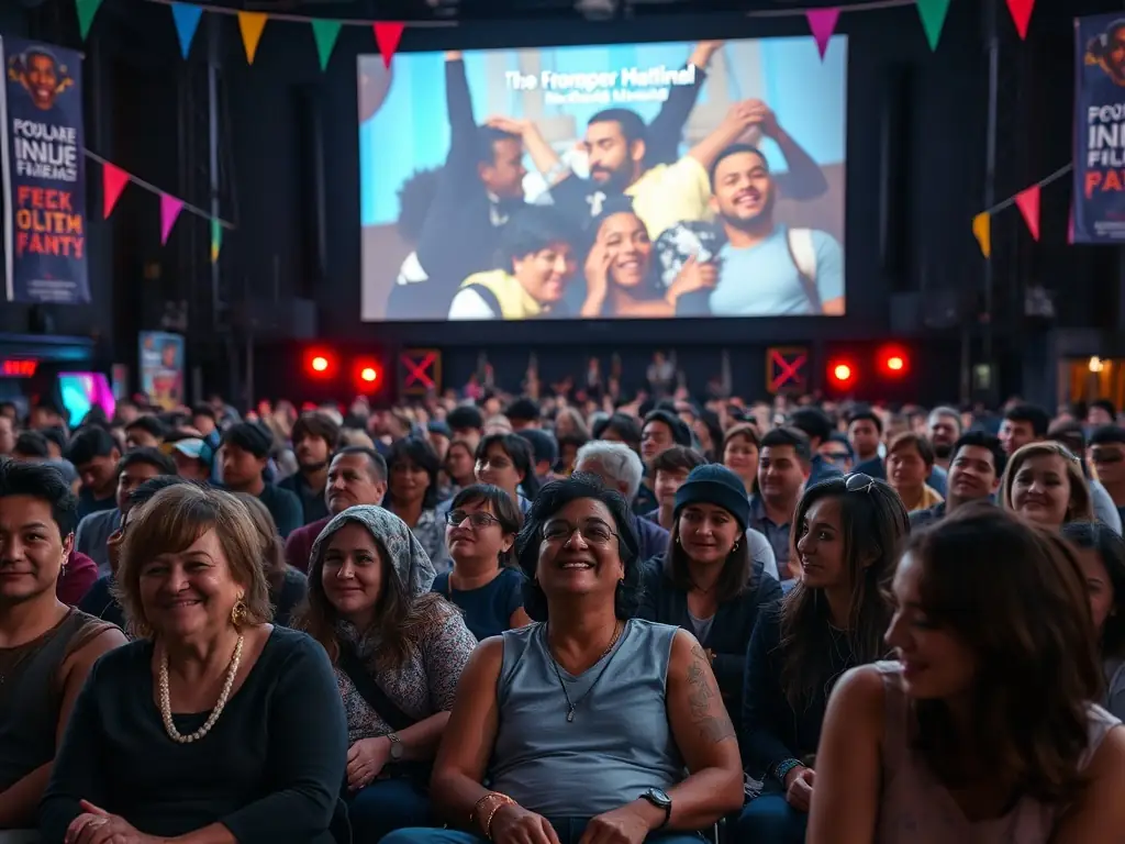 A lively outdoor scene from a CINEMANIA community film festival, showcasing local filmmakers and celebrating cinematic diversity with community members.