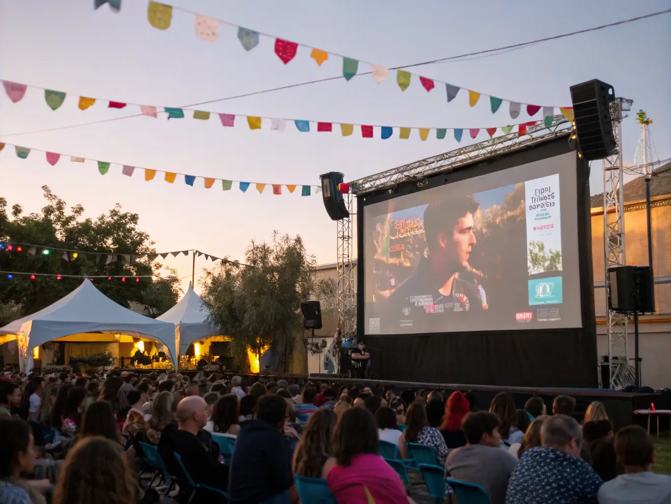 A lively scene of a film festival with an audience watching a screening outdoors, with banners and festival branding.